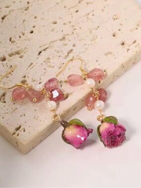 Pink Rosebud Drop Earrings Romantic Boho Style
